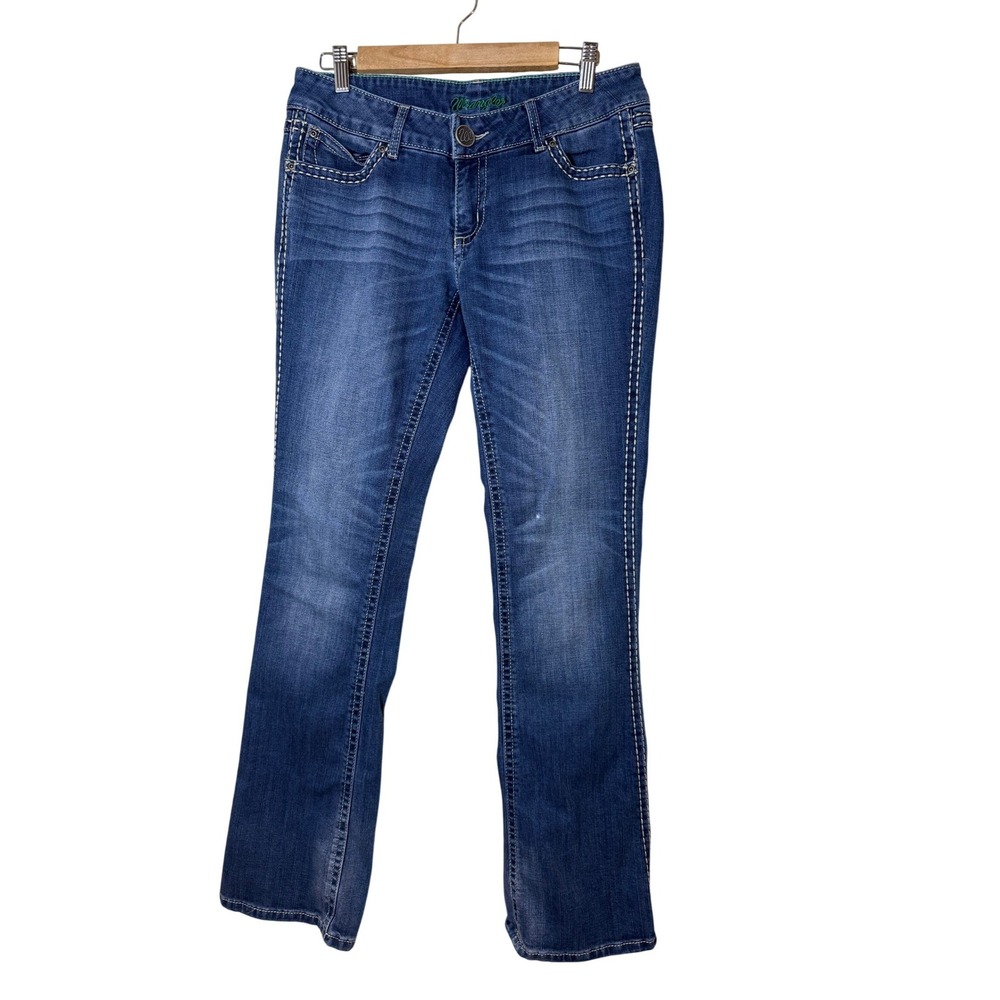 Wrangler Women Jeans 7/8 Blue Embroidered Contrast Stitch Western Rodeo Low Rise